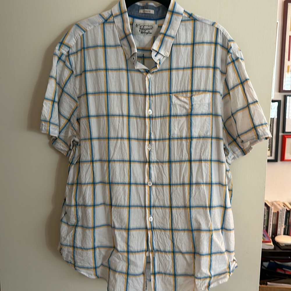 Men's Penguin by Munsingwear short sleeve shirt XL white with blue/yellow panes